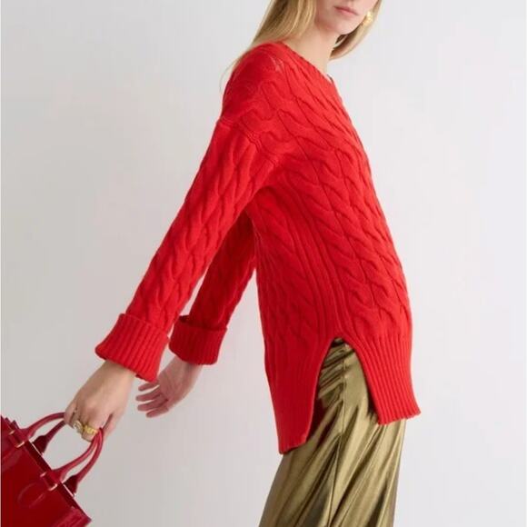 J.Crew Red Cotton Cable Knit Heavy Sweater Size L-XL Side Slit Crewneck Classic - Picture 10 of 10